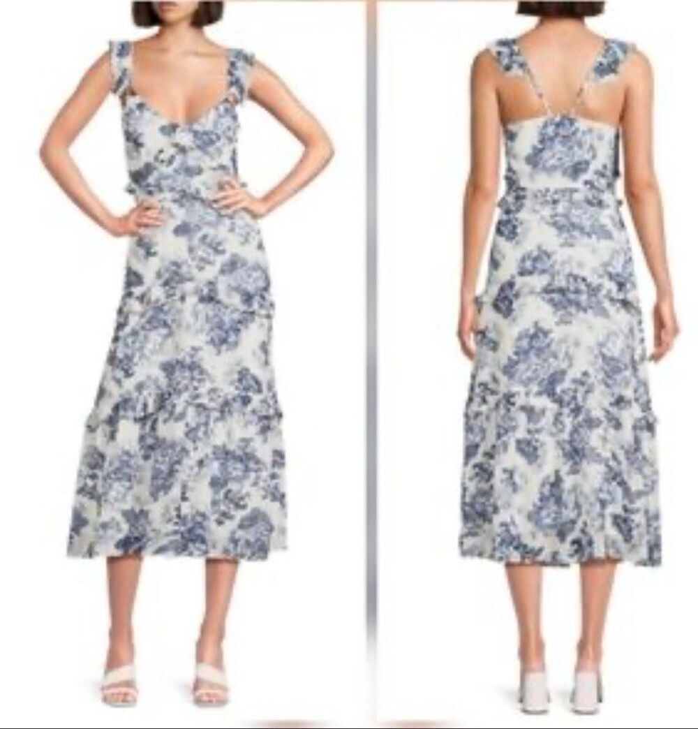 O.P.T Blue White Ingrid Floral Ruffle V-Neck Sleeveless Tiered Midi Dress Sz XS